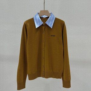 NWT Miu Miu Brown Wool Cardigan with Blue Striped Collar Logo M